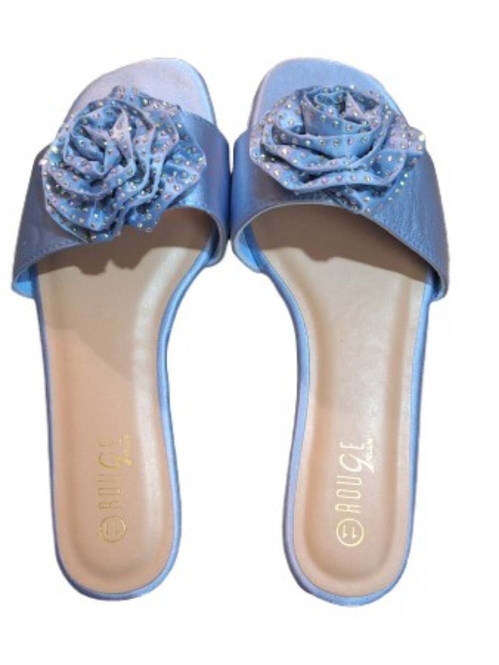 NWOT Rouge Helium Satin Floral Embellished Flat Slide Sandals